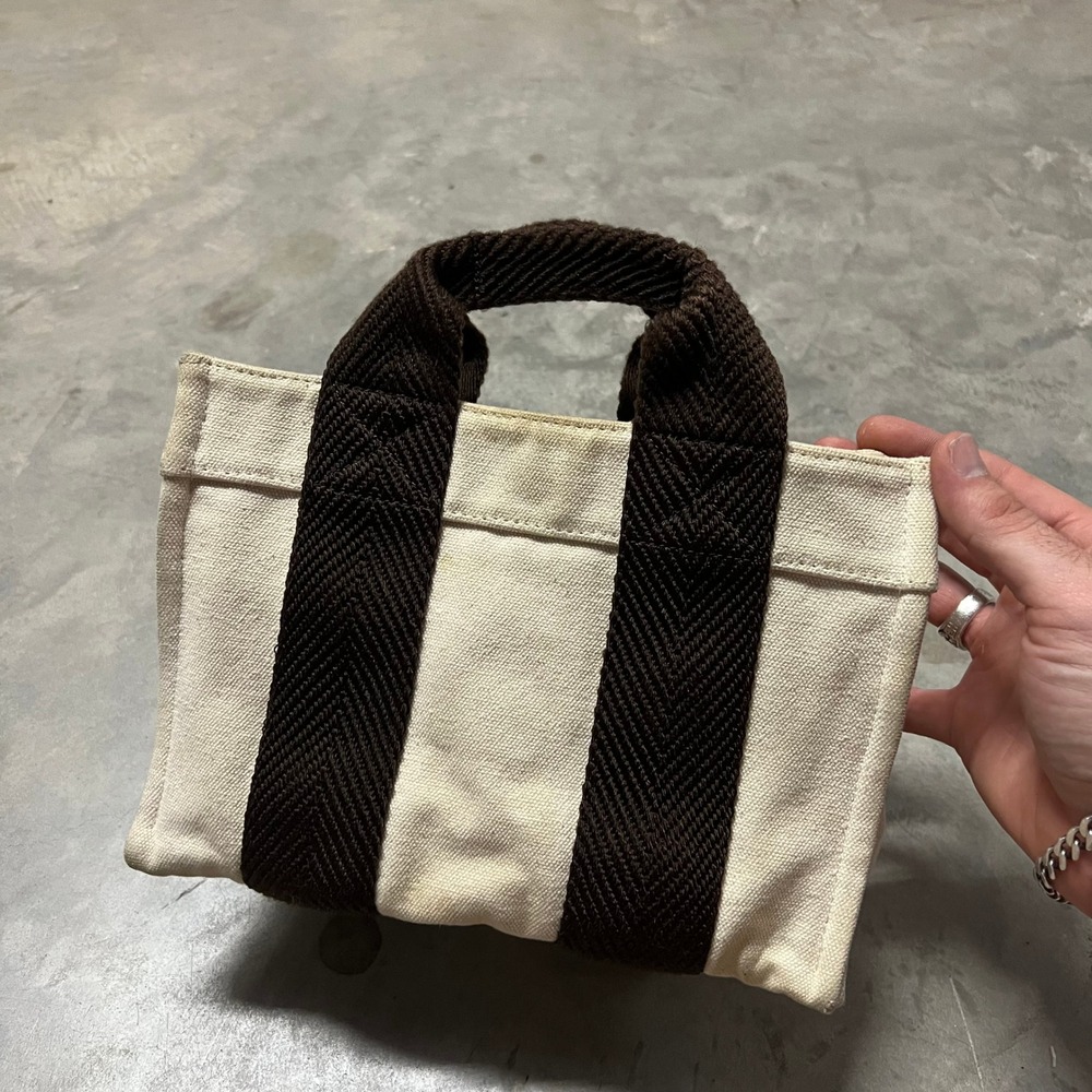 Rue de Verneuil Canvas Mini Tote Bag Cream Brown Chevron Handle 10x9